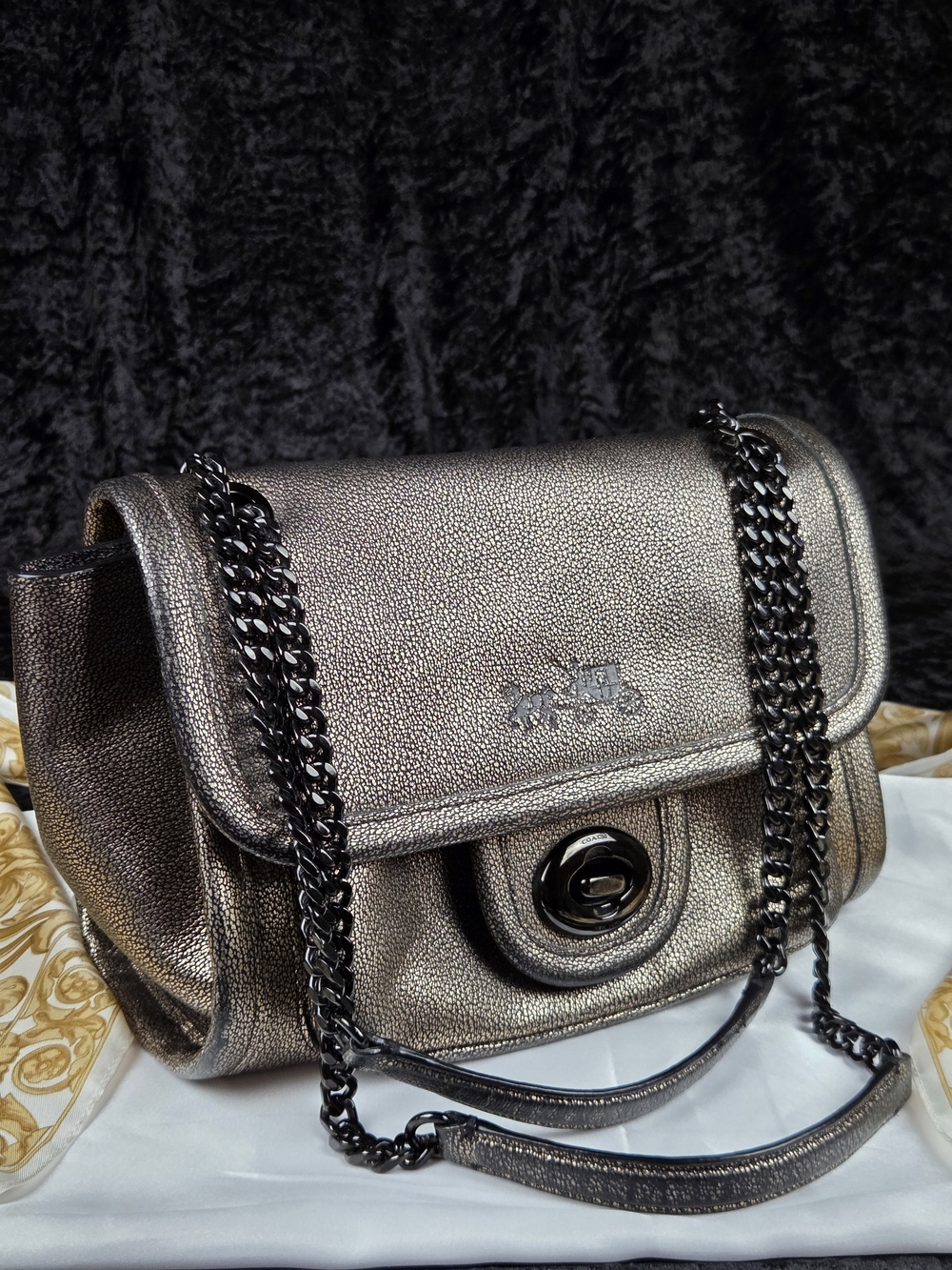 Coach Metallic Pewter Leather Turnlock Chain Crossbody Shoulder Bag